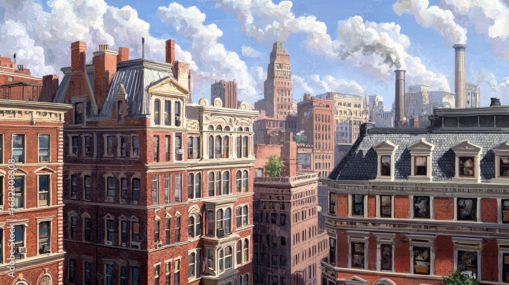 Obraz premium Urban cityscape featuring classic architecture and vibrant skyline under a bright blue sky with fluffy clouds and industrial elements