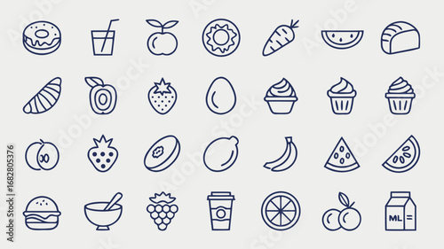 Food and drink line icon set with donuts, fruits, vegetables, burger, coffee, cupcakes, and milk pack."