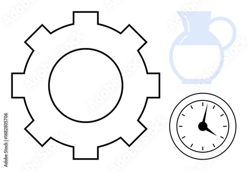 Gear symbolizing process, clock representing time management, and pitcher for resources. Ideal for productivity, time efficiency, planning, workflow, organization business teamwork. Simple flat