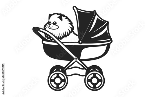 Pomeranian Puppy Inside Baby Stroller, Vintage Style, Pet Transport on White Background