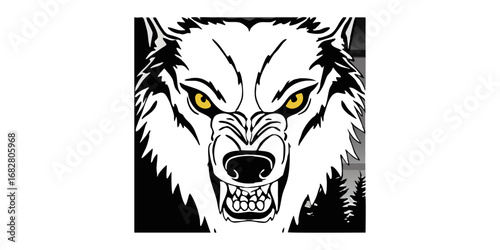 A highly detailed, realistic close-up of a snarling wolf's head. The wolf has sharp fangs, piercing eyes, and a fierce expression, showing aggression or readiness to defend. Its fur is thick and textu