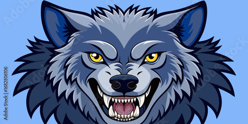 A highly detailed, realistic close-up of a snarling wolf's head. The wolf has sharp fangs, piercing eyes, and a fierce expression, showing aggression or readiness to defend. Its fur is thick and textu