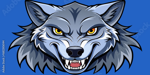 A highly detailed, realistic close-up of a snarling wolf's head. The wolf has sharp fangs, piercing eyes, and a fierce expression, showing aggression or readiness to defend. Its fur is thick and textu