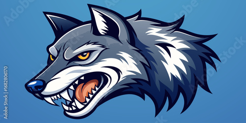 A highly detailed, realistic close-up of a snarling wolf's head. The wolf has sharp fangs, piercing eyes, and a fierce expression, showing aggression or readiness to defend. Its fur is thick and textu