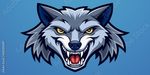 A highly detailed, realistic close-up of a snarling wolf's head. The wolf has sharp fangs, piercing eyes, and a fierce expression, showing aggression or readiness to defend. Its fur is thick and textu