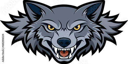 A highly detailed, realistic close-up of a snarling wolf's head. The wolf has sharp fangs, piercing eyes, and a fierce expression, showing aggression or readiness to defend. Its fur is thick and textu
