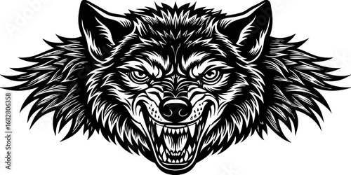 A highly detailed, realistic close-up of a snarling wolf's head. The wolf has sharp fangs, piercing eyes, and a fierce expression, showing aggression or readiness to defend. Its fur is thick and textu