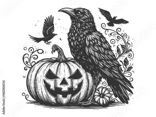 raven standing beside a carved jack-o-lantern pumpkin with bats flying in background sketch engraving generative ai vector illustration. Scratch board imitation. Black and white image.