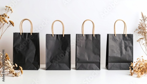 Four black paper shopping bags with brown handles sit on a white surface against a white background, flanked by dried floral sprigs
