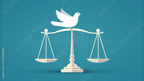 White dove on scales of justice against teal background