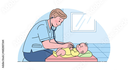 A compassionate doctor attentively examines a smiling infant using a stethoscope during a crucial pediatric health check-up, promoting the child's well-being.