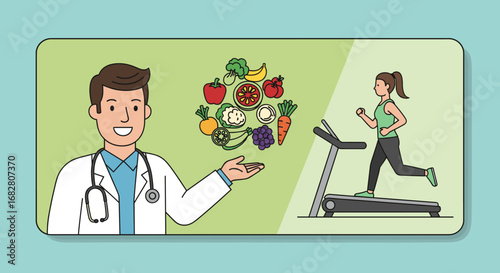 A doctor promotes a healthy lifestyle, illustrating the benefits of a balanced diet with fruits and vegetables, and regular exercise on a treadmill.