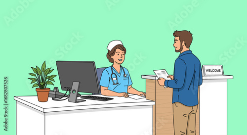 A welcoming nurse at a medical reception desk provides professional assistance to a male patient, showcasing efficient healthcare service and patient interaction.