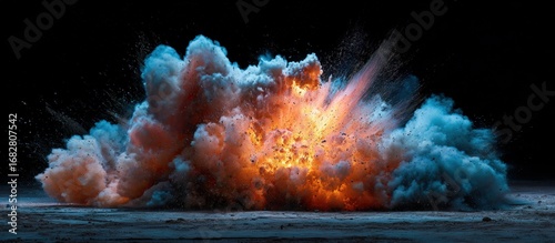 Powerful explosion of colorful smoke and fire on a dark surface