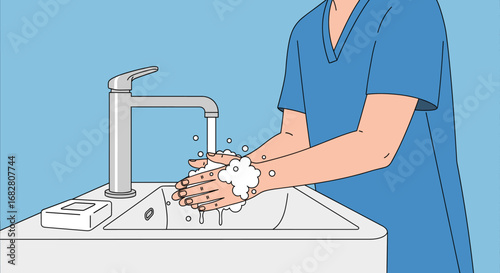 This clean illustration shows a person thoroughly washing hands with soap under a modern faucet, promoting essential hygiene practices for health and safety.