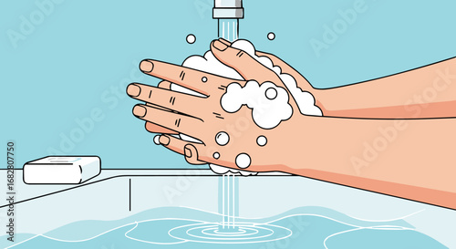 A detailed illustration of hands being carefully washed with soap and water under a running faucet, highlighting the crucial importance of personal hygiene.