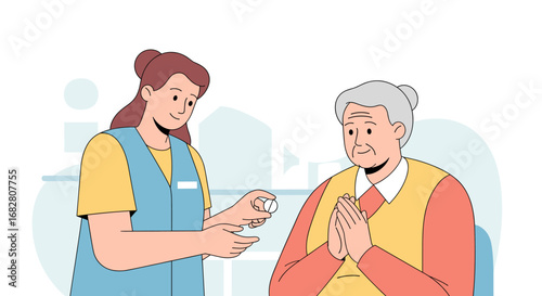 A compassionate young caregiver provides essential medication to an elderly woman, ensuring her well-being and health in a supportive home environment.