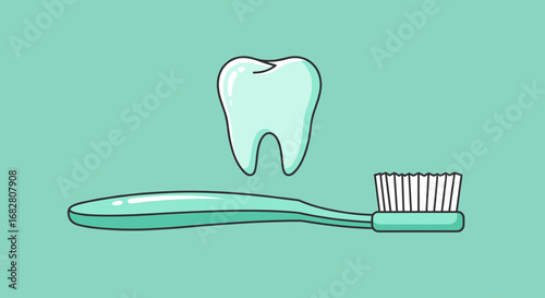A simple vector illustration depicts a healthy white tooth and a green toothbrush, highlighting daily oral hygiene and comprehensive dental care.