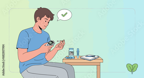 A young man diligently monitors his blood sugar levels using a modern glucometer, ensuring good health and effective diabetes management at home.