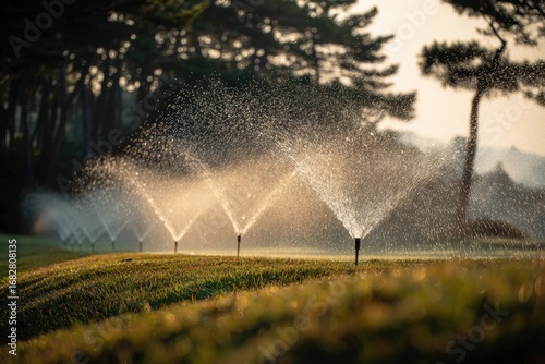 Sprinkler system watering a golf course at dawn