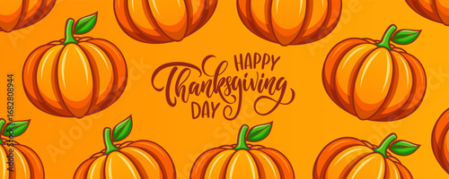 Happy Thanksgiving Day background with hand lettering and ripe pumpkins. Festive graphic design for Thanksgiving holiday greetings and invitations. Vector illustration.