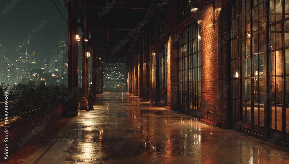 Fototapeta premium Urban rain-slicked alleyway, overlooking city at night