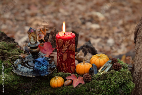 Photos burning magic candle, decorative pumpkins, amulet of owl figurine and crystals in autumn forest