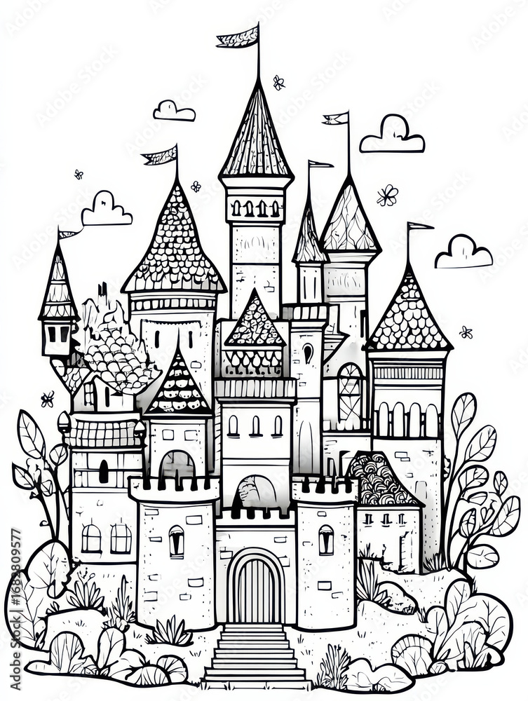Obraz premium Majestic Castle Illustration: A detailed line art illustration depicts a magnificent castle, complete with towers, flags, and intricate architectural details.
