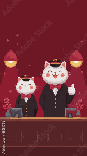 Two adorable cartoon cats dressed as bellhops welcome guests at a hotel reception. The vibrant red background and warm lighting create a cheerful atmosphere filled with charm.