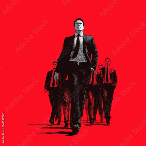 A group of five men in dark suits walk confidently, creating an imposing presence against a vivid red background. Their serious demeanor suggests a purposeful mission in an urban environment.