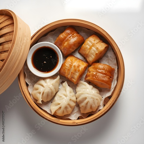 Traditional Chinese dim sum basket with dumplings and soy sauce, top view