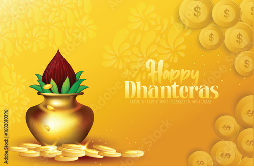 Illustration of Dhanteras Celebration with Kalash, Coins, marigold garlands, and footprints symbolizing prosperity,