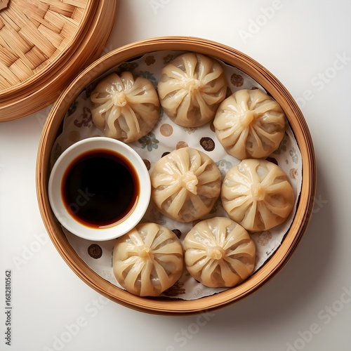 Traditional Chinese dim sum basket with dumplings and soy sauce, top view