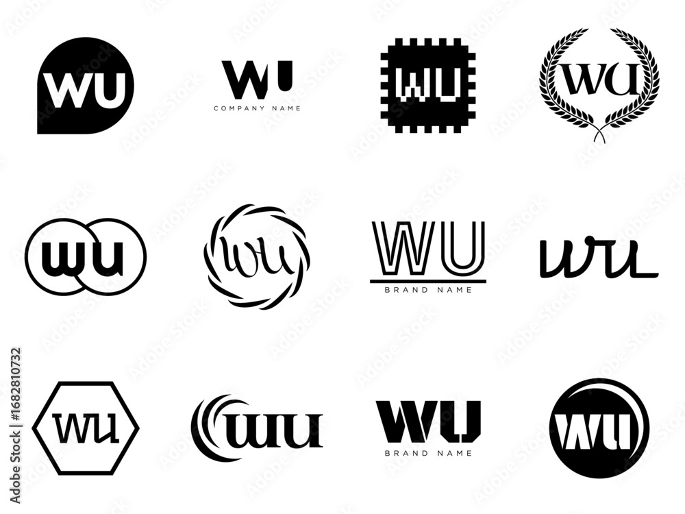 WU logo company template. Letter w and u logotype. Set different classic serif lettering and modern bold text with design elements. Initial font typography.