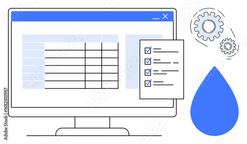 Desktop monitor displaying a data table, checklist with checkboxes, water drop, and gears representing tasks, processes, and sustainability. Ideal for workflow, organization, data eco-consciousness