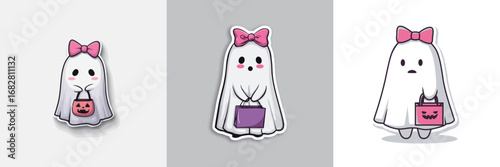 Three adorable ghost characters, each with a cute bow and holding colorful trick-or-treat bags. The characters are designed in a playful, cartoonish style, perfect for Halloween festivities.