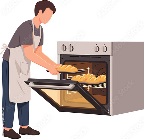 Baker placing loaves of bread into a modern oven.