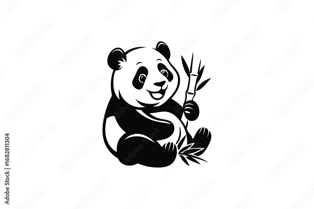 Fototapeta premium Smiling Panda Holding Bamboo Stem, Cute Animal Mascot Cartoon on White Background