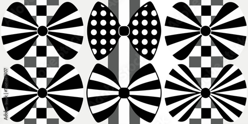A collection of nine black and white bow ties arranged in a 3x3 grid on a white background. Each bow tie has a unique pattern or design solid black, diagonal stripes, vertical stripes, polka dots, abs