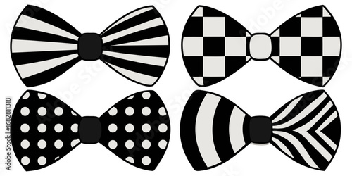 A collection of nine black and white bow ties arranged in a 3x3 grid on a white background. Each bow tie has a unique pattern or design solid black, diagonal stripes, vertical stripes, polka dots, abs