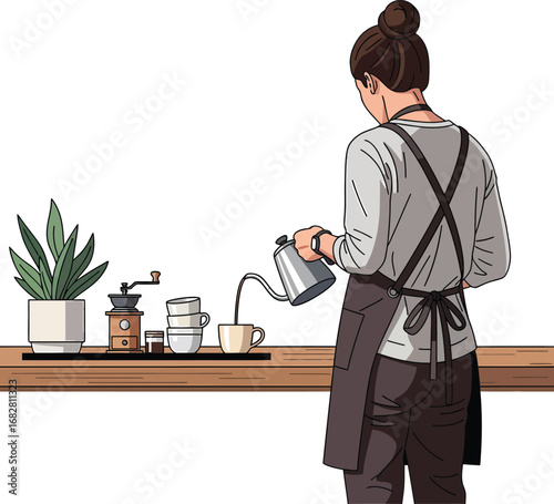 Barista Pouring Coffee into a Cup with Grinder and Plant.