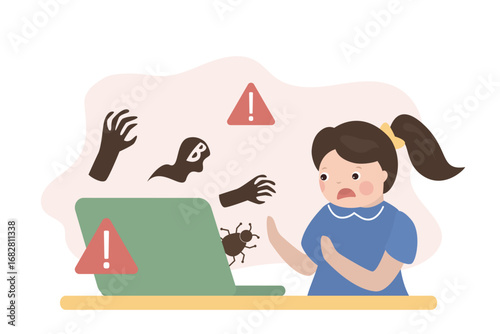 Cyber dangers in social networks and Internet. Unhappy girl afraid of cyber attacks, bullying and hackers. Scary ghosts crawl out of computer. Forbidden content.