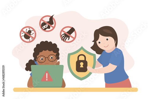 Kids internet control. Parent give shield for child then she is browsing web. Safe internet surfing for kids concept. Parental control. Protection from virus attacks