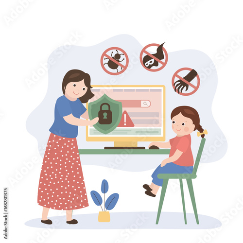Kids internet control. Parent give shield for child then she is browsing web. Safe internet surfing for kids concept. Parental control. Protection from virus attacks,