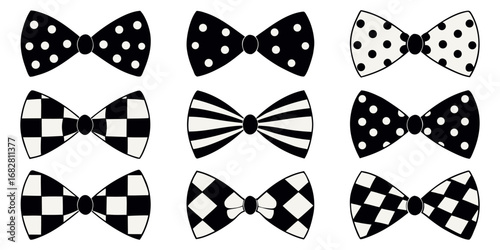 A collection of nine black and white bow ties arranged in a 3x3 grid on a white background. Each bow tie has a unique pattern or design solid black, diagonal stripes, vertical stripes, polka dots, abs