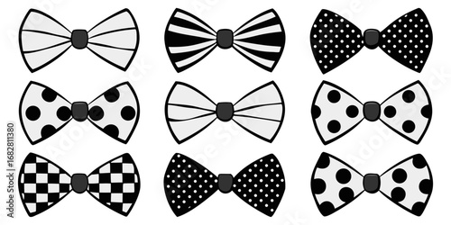 A collection of nine black and white bow ties arranged in a 3x3 grid on a white background. Each bow tie has a unique pattern or design solid black, diagonal stripes, vertical stripes, polka dots, abs