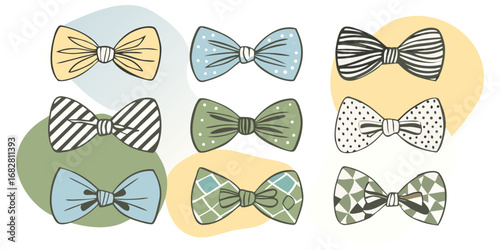 A collection of nine black and white bow ties arranged in a 3x3 grid on a white background. Each bow tie has a unique pattern or design solid black, diagonal stripes, vertical stripes, polka dots, abs