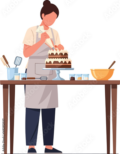 Person decorating a twotier chocolate cake with frosting.