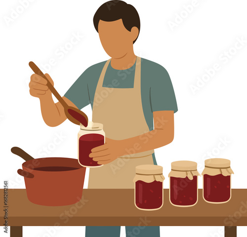 Person filling jars with homemade jam from a pot.