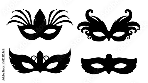 Collection of elegant black silhouette masquerade ball masks for carnival party celebration and design